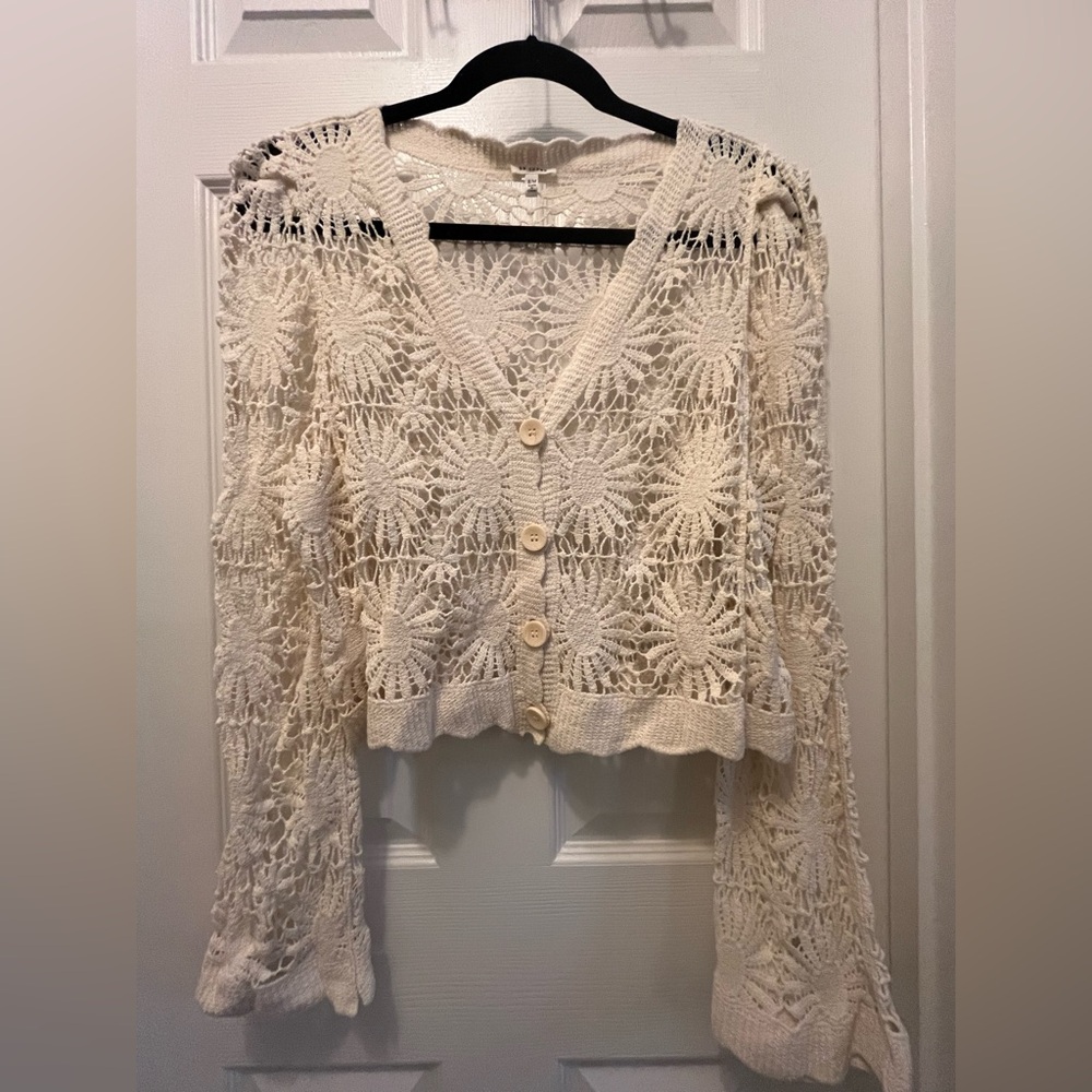 En Creme 100% Cotton Crochet V-Neck Button Front Cardigan - cream Size S/M - Picture 4 of 9
